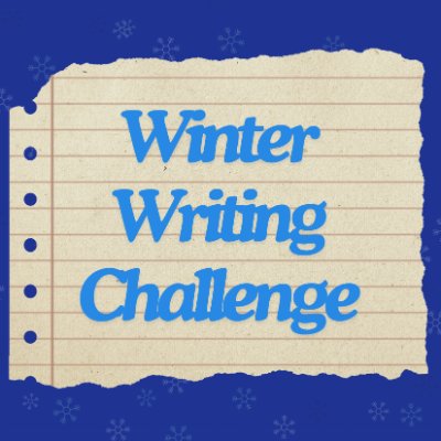 Winter Writing Challenge graphic with those words over lined notebook paper on a blue snowy background